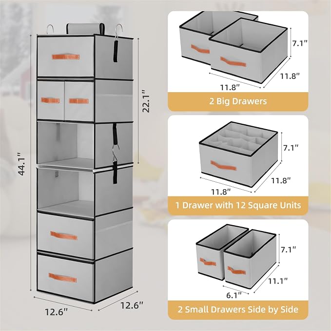 Hanging Closet Organizer 6-Shelf, Upgrade Closet Organizers and Storage with 5 Removable Drawers & 4 Side Pockets, Hanging Shelf Organizer for Bedroom or Garment Rack, 12.6'' x 12.6'' x 44.1'', Gray - Image 3