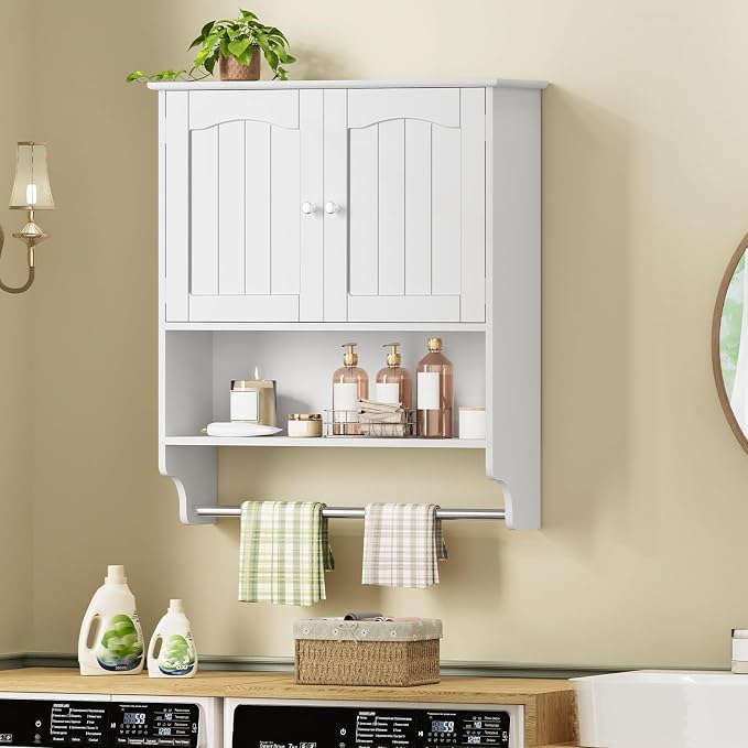 Iwell Bathroom Wall Cabinet, Over The Toilet Storage Cabinet with Towel Rack & Adjustable Shelf, Medicine Cabinet for Bathroom, White - Image 7