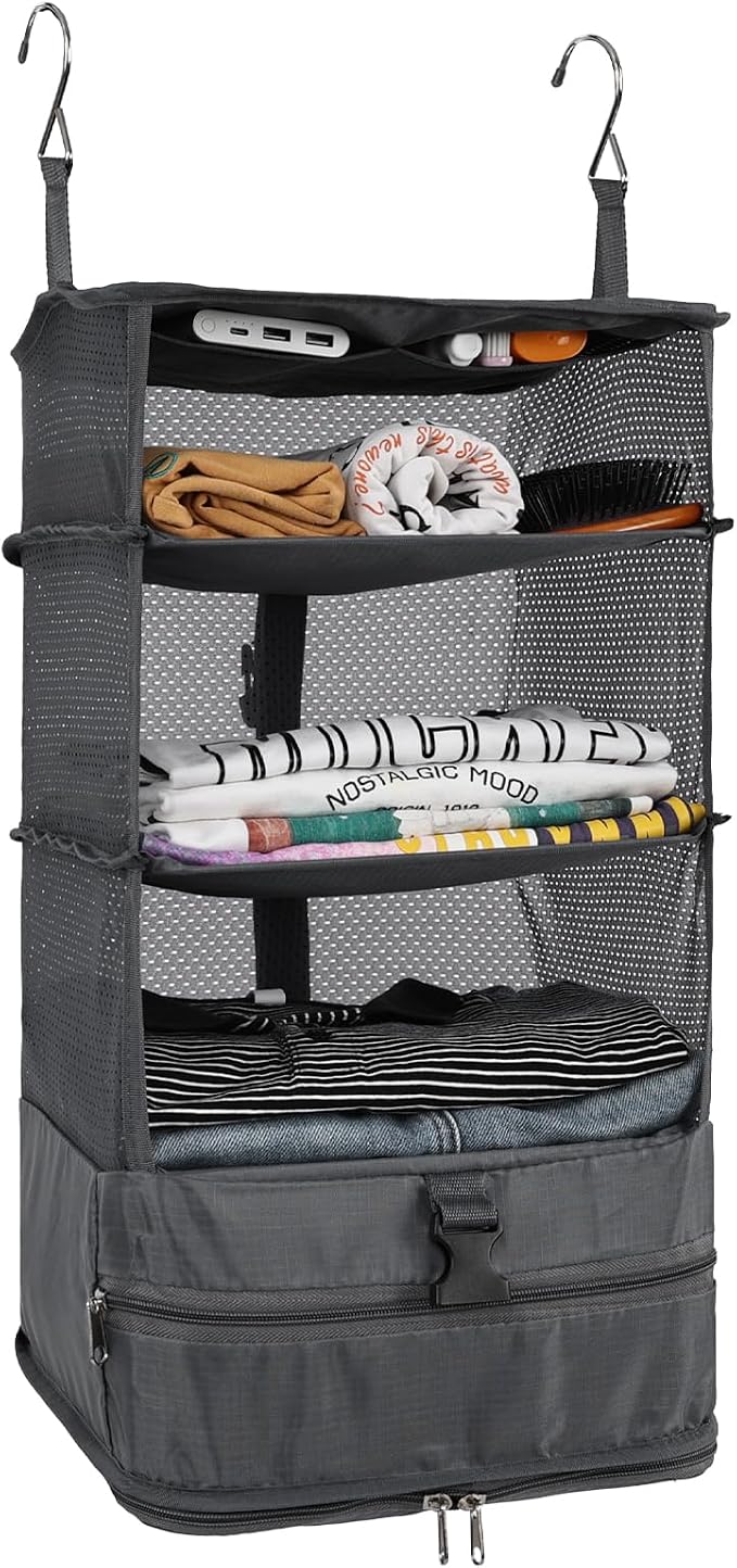 Surblue Hanging Closet Storage Bag Collapsible 3-Shelf Washable Oxford Fabric with 2 Hooks (L 11.41 * 11.41 * 19.68in, Grey) by SURBLUE