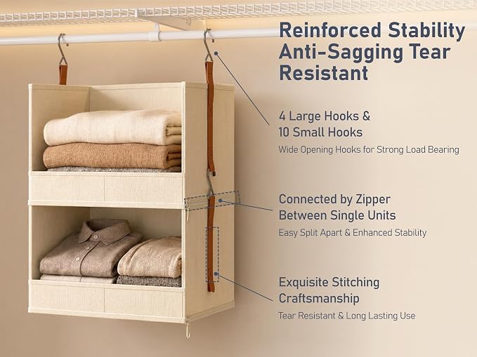 DIMJ Hanging Closet Organizer - 4-Tier Modular Hanging Shelves with Zippers Hooks, Collapsible Baskets for RV, Dorm, Small Spaces, Fabric Storage Bins for Clothes, Handbags - Image 6
