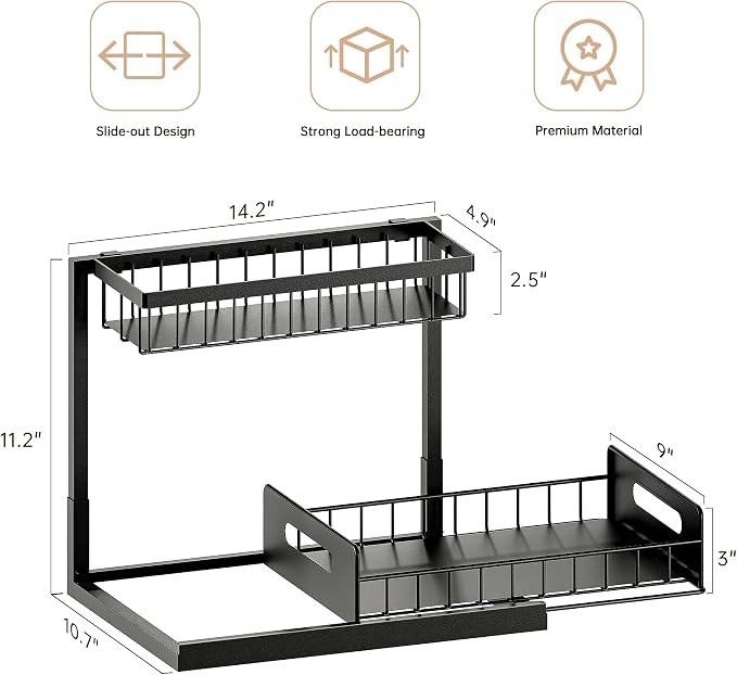 Under Sink Organizer and Storage, Slide Out Cabinet Organizer, Pull Out Sink Shelf for Kitchen Bathroom Laundry, Black, 1 Pack - Image 2