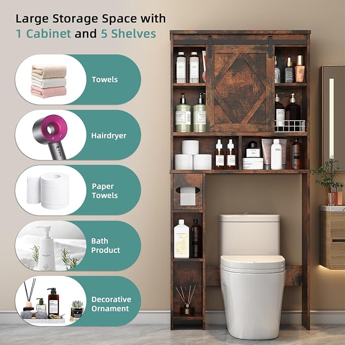 Over the Toilet Storage Cabinet with Farmhouse Sliding Barn Door, Above Toilet Organizer with Toilet Paper Holder Stand, Behind Toilet Shelf, Space Saver for Restroom, Bathroom, Laundry, Brown - Image 5