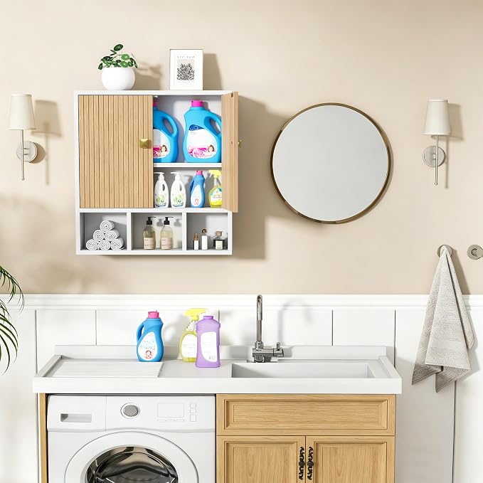 Bathroom Wall Cabinet,Wooden Medicine Cabinet with Fluted Doors - Image 5