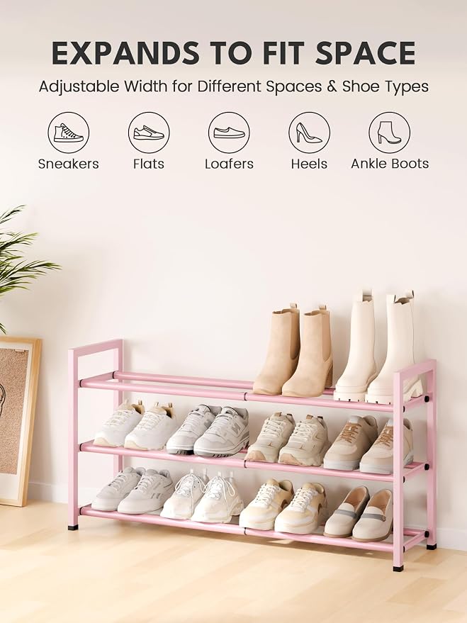 Bumusty 3 Tier Expandable Shoe Rack for Closet, Pink | 18"-33" Adjustable Shoe Rack for Entryway, Small Shoe Organizer for Dorm, Front Door, Sturdy Metal - Image 3