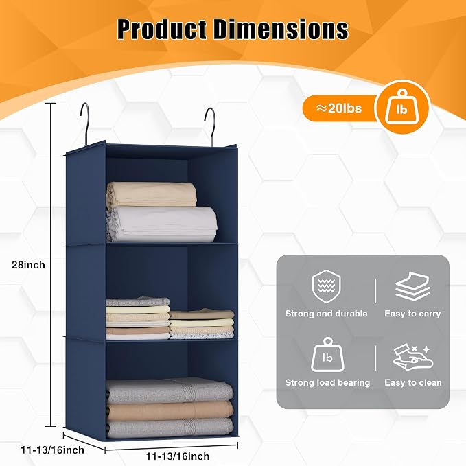 Hanging Closet Organizer 3-Shelf, Oxford Fabric Wardrobe Storage, Navy Blue | Easy-mount foldable design holds clothes, handbags, shoes & accessories; washable Oxford fabric, sturdy and space-saving. - Image 3