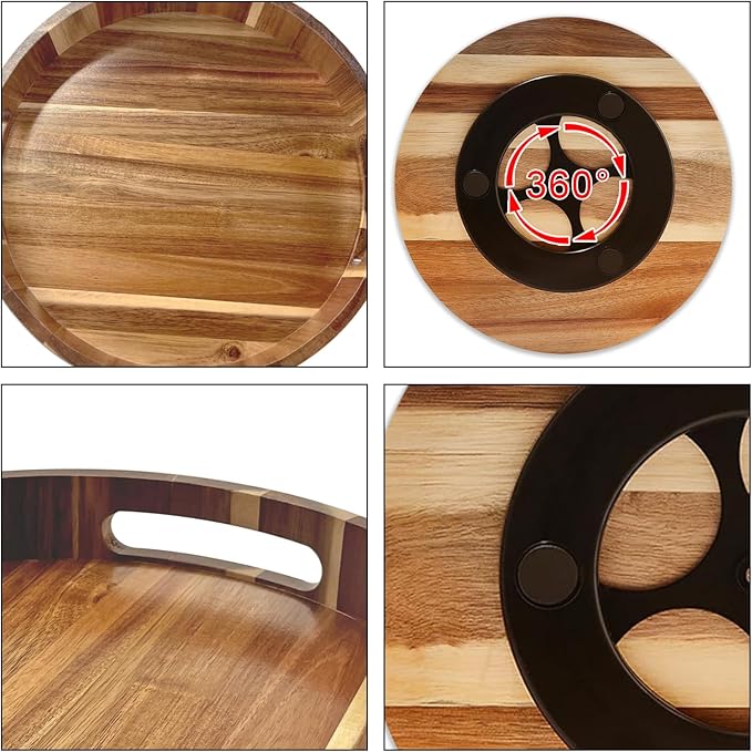 Acacia Wooden Lazy Susan for Table Top-12 Inch Wooden Lazy Susan Turntable with Double Handle-Large Acacia Wooden-Spice Organizer for Countertop, Table, Cabinet - Image 6