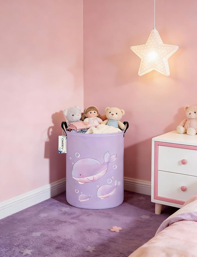 Round Purple Whale Laundry Hamper, Storage Basket for Adults and Kids - Image 5