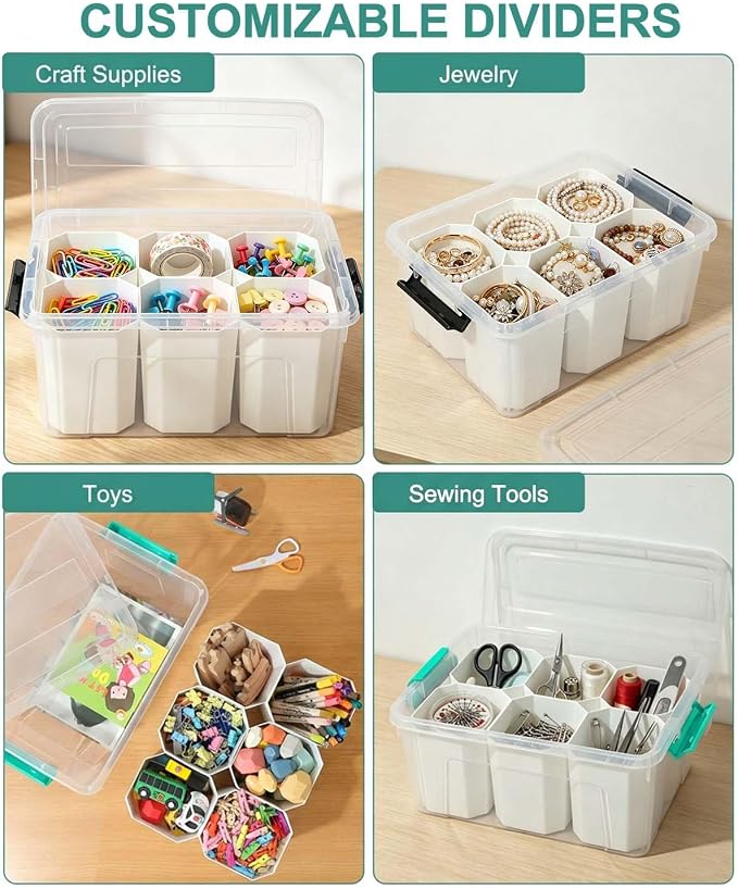 EOENVIVS Clear Storage Boxes with 6 Tall Inserts, Large Plastic Organizer Box with Lid and Handles, 15.94x11.61x7.28 Inches, Multi-Functional Container for Cosmetics, Toys, School Supplies - Image 4
