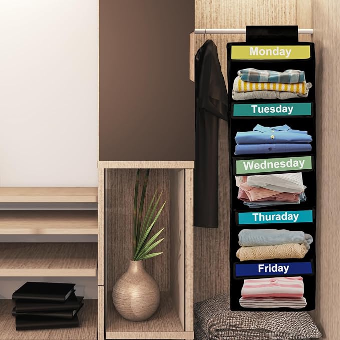 Weekly Clothes Organizer for Kids, Days of The Week Clothes Organizer with 6 Side Pockets, 5-Shelf Hanging Closet Organizer with Monday Through Friday Labels, Weekly Clothing Prepare & Divider - Image 2
