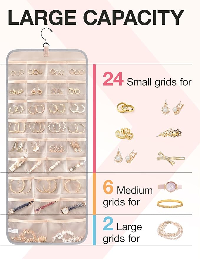 BAGSMART Hanging Jewelry Organizer Necklace/Earring/Ring 2-Sided L Grey - Image 3
