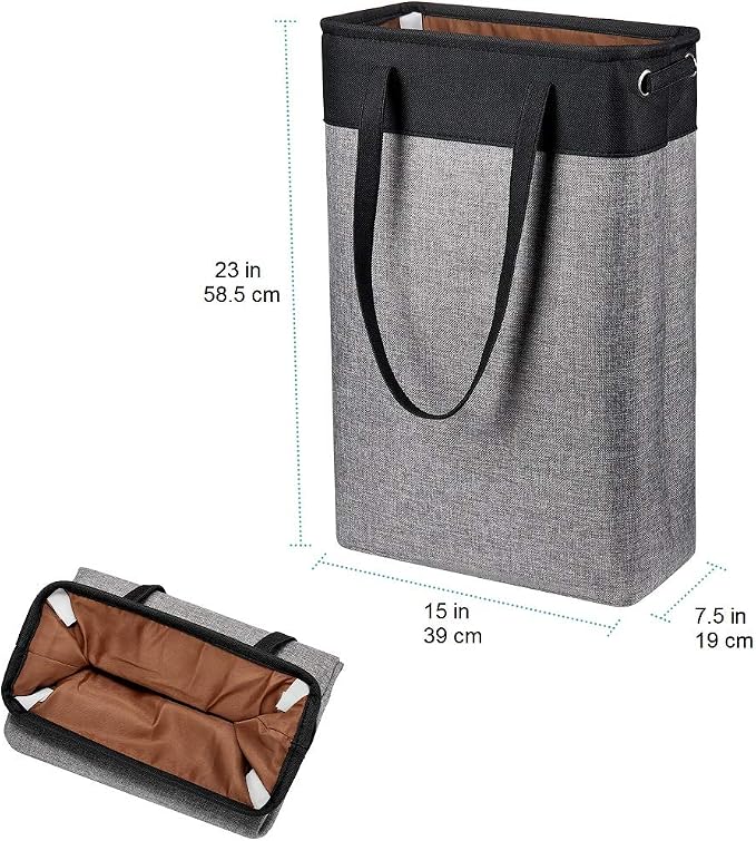Laundry Basket with Handles Black&Grey-Slim Laundry Bin Collapsible Dirty Clothes Basket Narrow Laundry Bag Foldable Dirty Hamper for Camping, Dorms, Apartments - Image 4