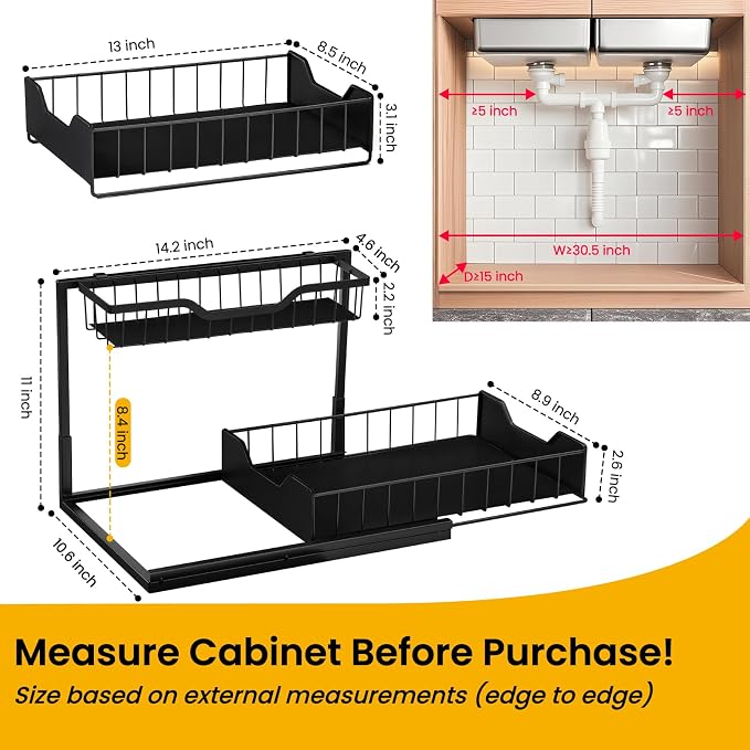 3 Pack, Under Sink Organizer 2-Tier with Slide Out Lower Drawer - Metal Pull Out Cabinet Organizer for Kitchen Bathroom, Includes Removable Center Basket & Storage Shelves, Space Saving Design - Image 2