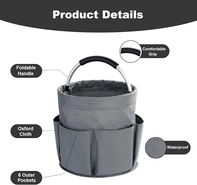 17L Cleaning Caddy with Handle, Cleaning Supplies Organizer, Foldable Storage Basket, Cleaning Supply Caddy, Portable Multi Cleaning Bucket Bag for Home, Garden (Grey) - Image 5