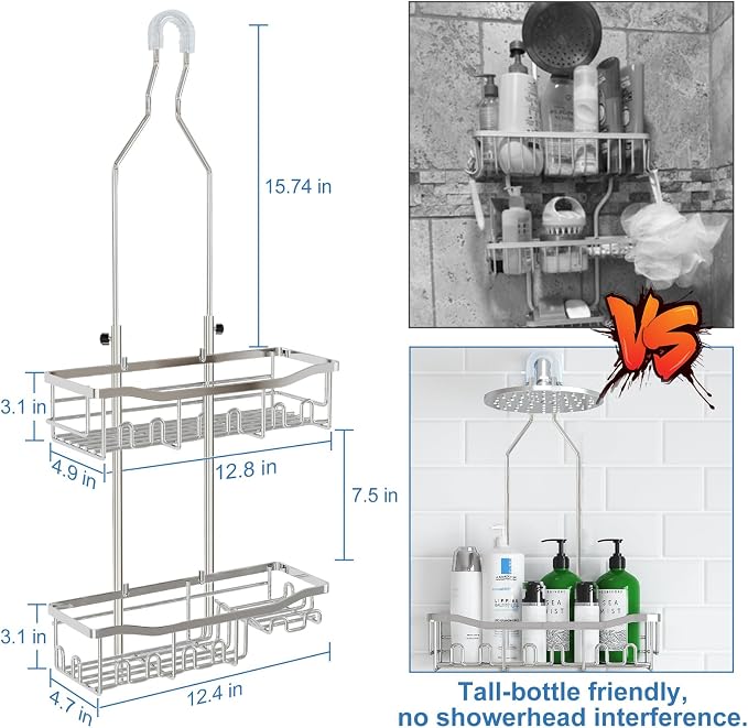 Upgraded Extended Length Shower Organizer with Hooks, Rustproof Shampoo Soap Holder, Large Hanging Bathroom Caddy, Silver - Image 2