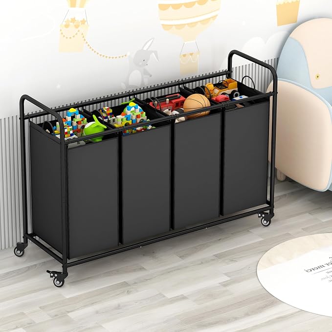 4 Section Laundry Hamper, Black Rolling Laundry Basket, 180L Laundry Sorter - Image 3