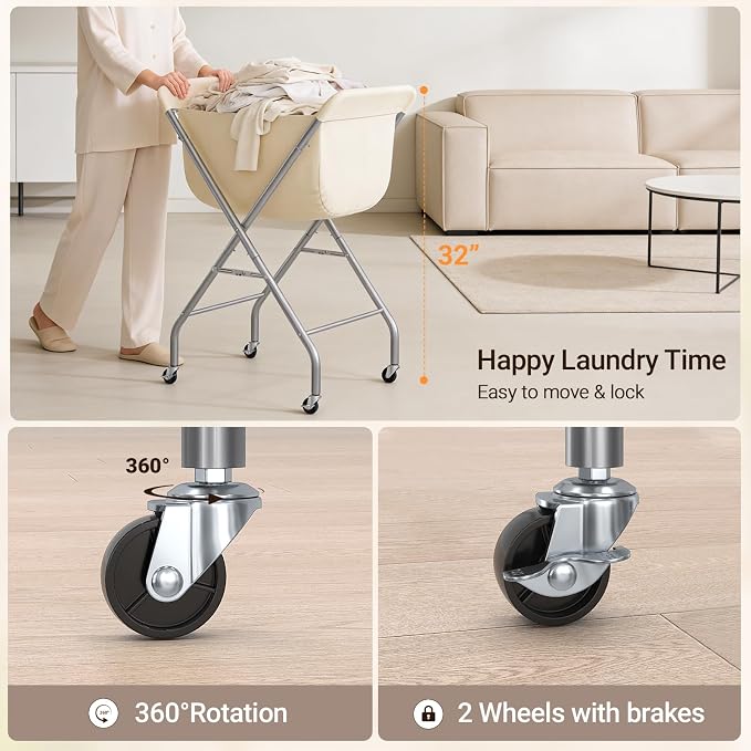 ELYKEN Laundry Basket with Wheels, Collapsible Laundry Hamper, Cream - Image 5