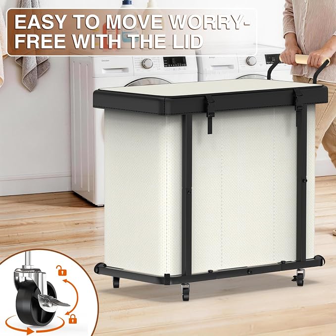 Rolling Laundry Hamper with Wheels,Laundry Hamper 3 Section with Lid Beige - Image 3