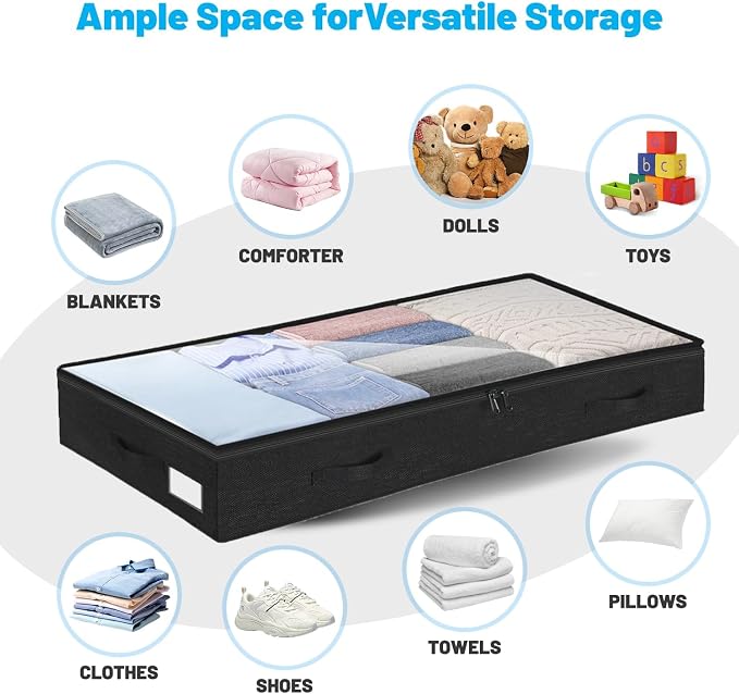 4 Inch Low Profile Under Bed Storage Drawer 2 Pack, Lightweight Underbed Clothes Storage Container Bins With NO STURCTURE, Shallow Storage Bag for Dorm & Home, With Clear Lids & Water-Resistant Fabric - Image 3