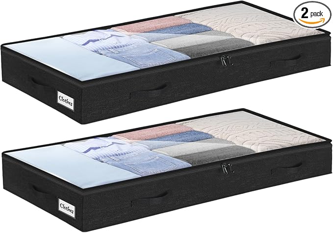 4 Inch Low Profile Under Bed Storage Drawer 2 Pack, Lightweight Underbed Clothes Storage Container Bins With NO STURCTURE, Shallow Storage Bag for Dorm & Home, With Clear Lids & Water-Resistant Fabric by KUKIKAN