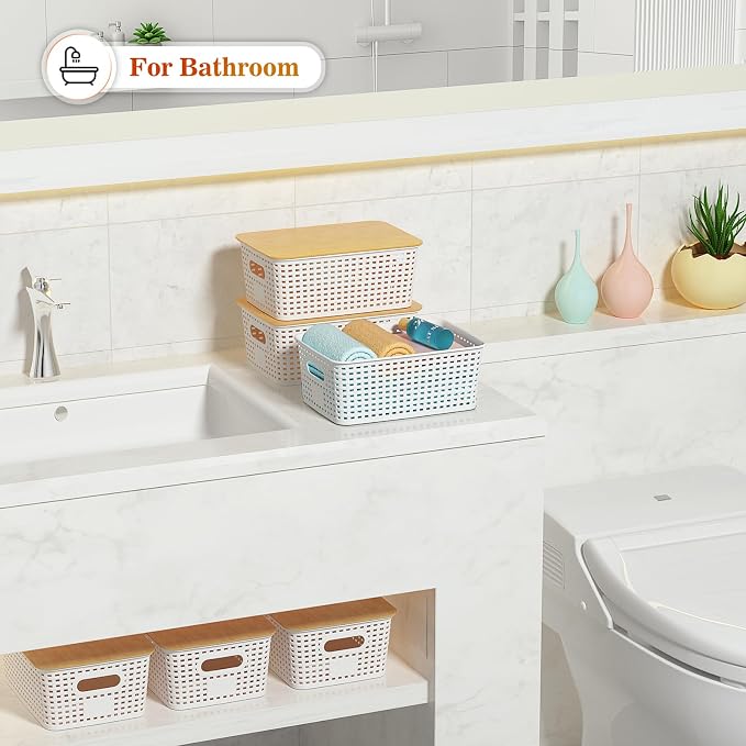 Ohmlove 6 Pack Plastic Storage Baskets with Bamboo Lids for Organization - Image 6