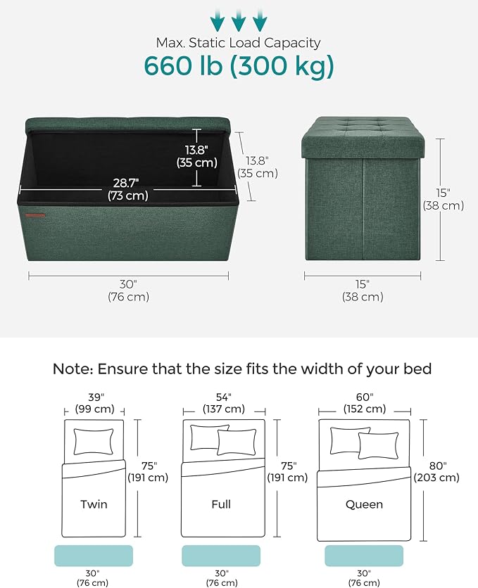 SONGMICS 30 Inches Folding Storage Ottoman Bench, Load 660 lb | Ottoman Foot Rest, Storage Chest, for Living Room, Entryway, Forest Green and Ink Black, MINOTA Collection ULSF047C01 - Image 3