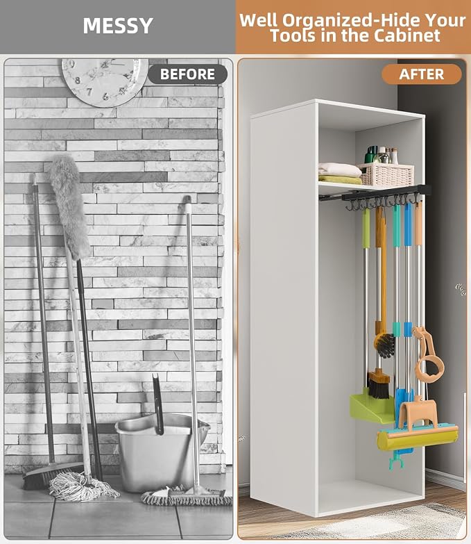 Pull Out Broom Holder With Adjustable Double Row Sliding Hook-Black 22in - Image 5