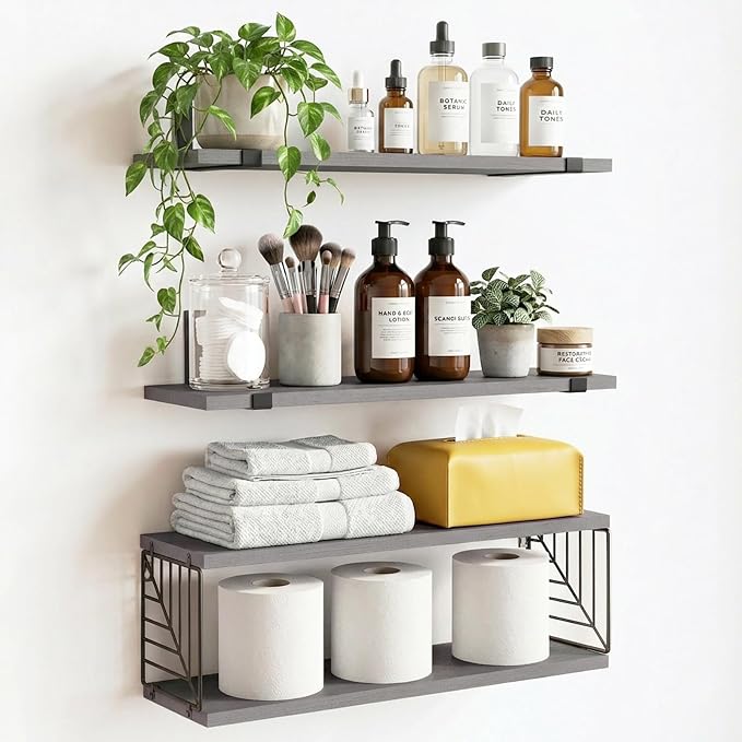 Fixwal 3+1 Tier Bathroom Floating Shelves Over Toilet, Gray by Fixwal