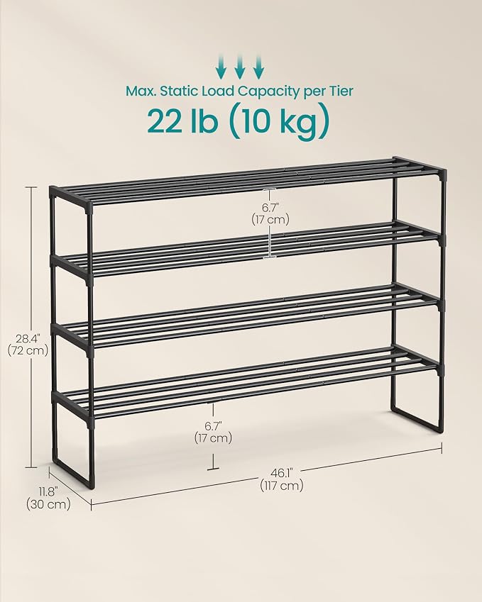 SONGMICS Shoe Rack, 4-Tier Shoe Organizer, Metal Storage Shelf | for Entryway, Upright or Upside Down, for 25-30 Pairs, Stackable, 11.8 x 46.1 x 28.4 Inches, Black ULSA034B01 - Image 2
