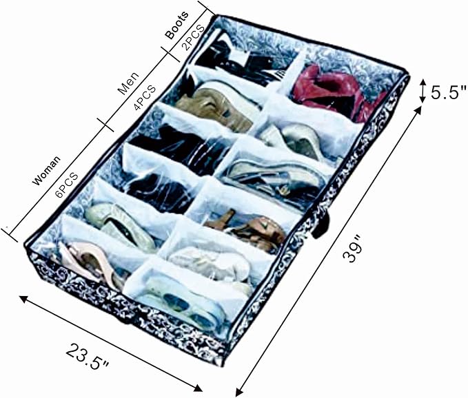 12 Cells See Through Underbed Shoes and Boots Storage Bag Organizer with Black and White Flower (Black) - 40.9x24.4x5.51 Inch - Image 2