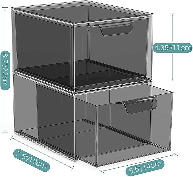 SpaceHacks 2 Pack Stackable Makeup Organizer and Storage, Acrylic Organizers，Clear Plastic Storage Drawer with Pull-Out Handles for Vanity, Undersink, Kitchen Cabinets, Pantry, Black - Image 3