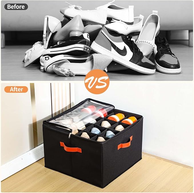 INSTY 2 Pack Shoe Organizer for Closet, Fits up to 32 Pairs, Adjustable Dividers for Shoe Storage, Fabric Shoe Storage Bins with Clear Cover, Black - Image 5