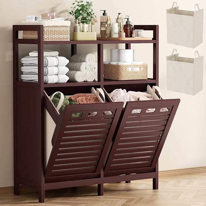 Homykic Tilt Out Laundry Hamper Cabinet, Bamboo Laundry Organizer, Espresso by Homykic