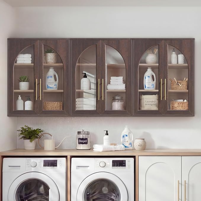 Bathroom Wall Cabinet, 23.5×31.4'' Storage Cabinet, Arched Cabinet Wall Mount with Adjustable Shelf & Glass Doors, Medicine Cabinet for Laundry Room, Bathroom, Kitchen, Living Room, Brown, 3 Pieces by NOWABAY