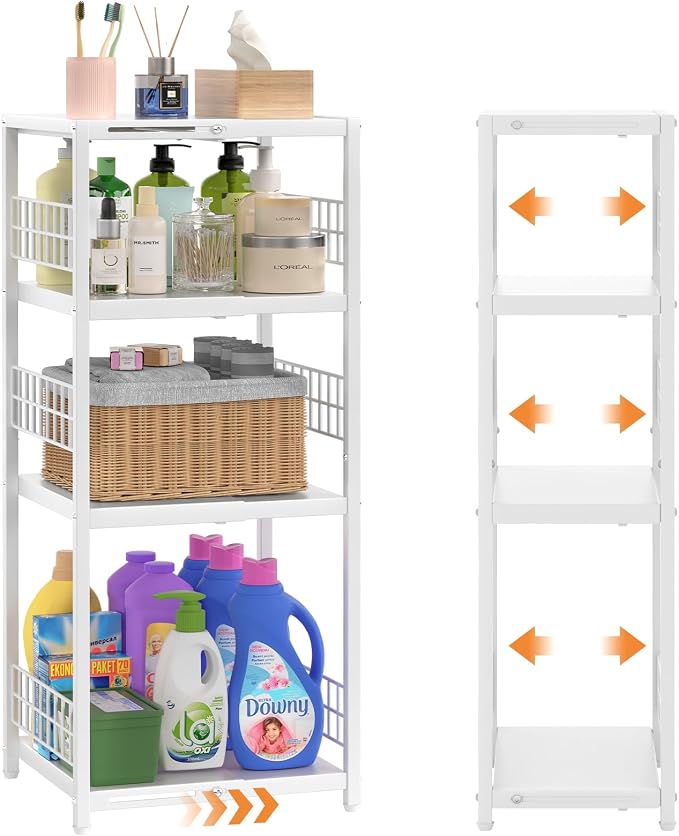 4 Tier Expandable Slim Storage Shelf, Metal Shelving Unit for Bathroom Storage Organizer, Freestanding Narrow Shelf for Small Spaces, Open Floor Shelves for Bathroom, Laundry Room, Kitchen,White by DAOUTIME