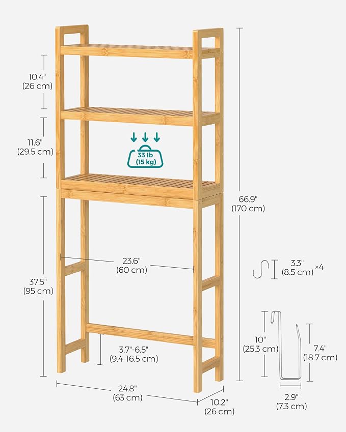 SONGMICS 3-Tier Bamboo Over The Toilet Storage, Adjustable Shelf, 66.9''H - Image 3