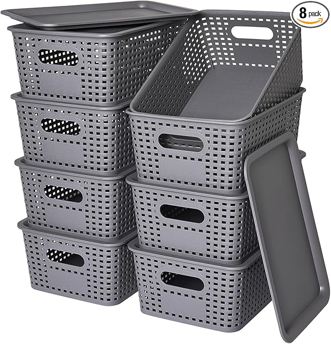 Ohmlove 8 Pack Plastic Storage Baskets with Lids for Organization by OHMLOVE
