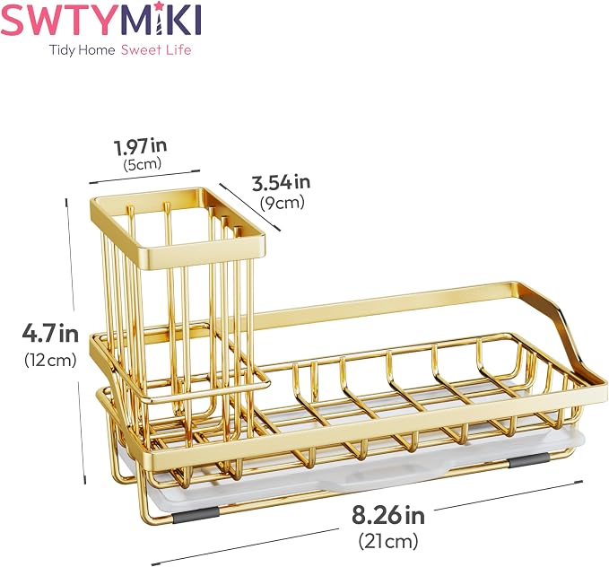 SWTYMIKI Sink Caddy Kitchen Sink Organizer with Detachable Brush Holder, Stainless Steel Sponge Holder with Removable Drip Tray Sponge Caddy for Kitchen Countertop, Gold - Image 7