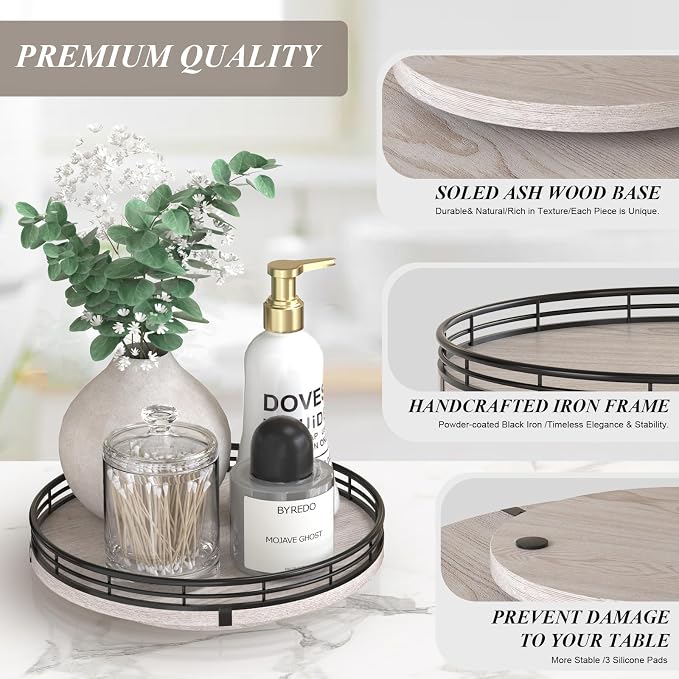 AMH 9-Inch Rustic Whitewashed Wooden Lazy Susan Organizer - Image 6