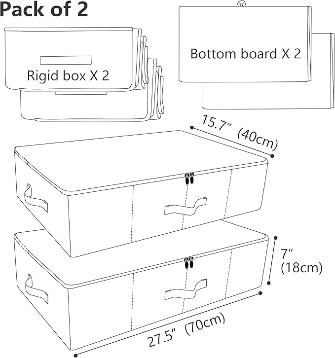 2pcs Rigid Underbed Zip Lid Storage Boxes, Clothes, Blankets Organizer Bins - Image 2