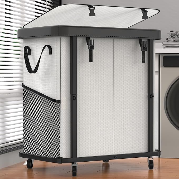 Laundry Basket with Wheels,190L (50 Gal) Laundry Hamper 2 Setion - Beige by Unlockyourhomestoragelife