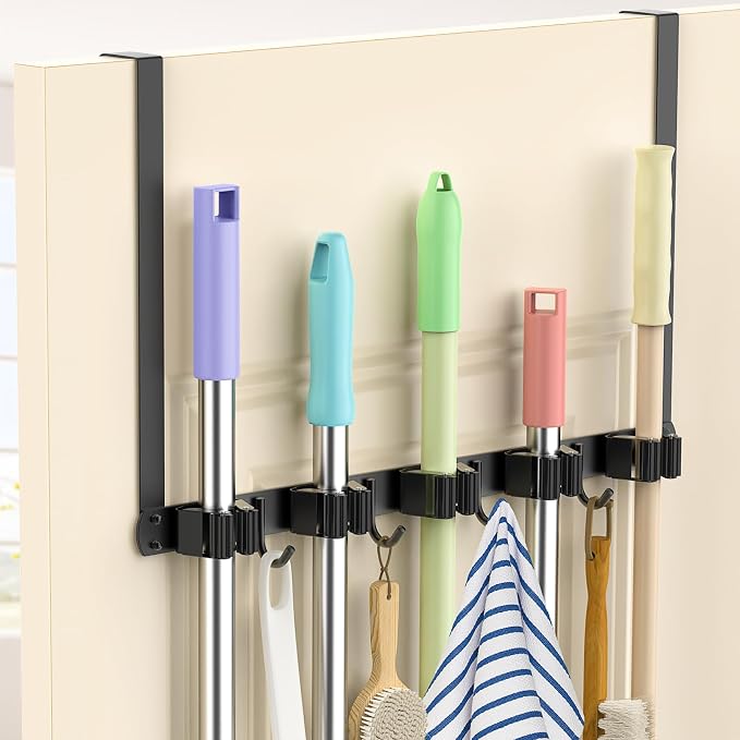 Broom Holder Over The Door with 4 Over Door Hook, Drilling Free Mop - Black by DegMongee