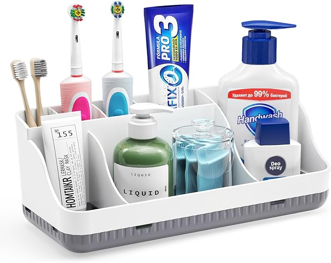 Bathroom Counter Organizer and Storage, 7 Slots Detachable Toothbrush Holders for Bathrooms, Anti-Slip Electric Toothbrush and Toothpaste Holder Countertop Vanity Organizer Accessories for Adults Kids by Homtalker