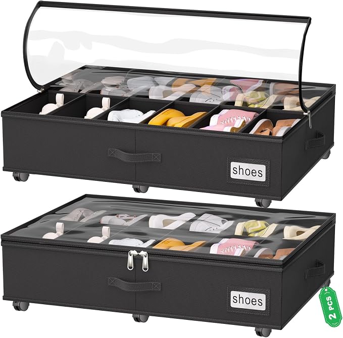homyfort Under Bed Shoe Storage with Wheels, Fits 24 Pairs, Rolling Shoe Organizer with Bottom Support & Clear Lids, Sturdy Under Bed Storage Box for Shoes, Set of 2, Black by homyfort