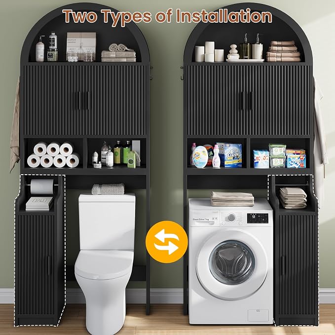 Itaar Arched Over The Toilet Storage Cabinet, 78.7" H Fluted Bathroom Organizer with Reversible Side Cabinet, Adjustable Shelves, Anti-Tipping, Hooks & Paper Holder for Bathroom Laundry Room, Black - Image 5