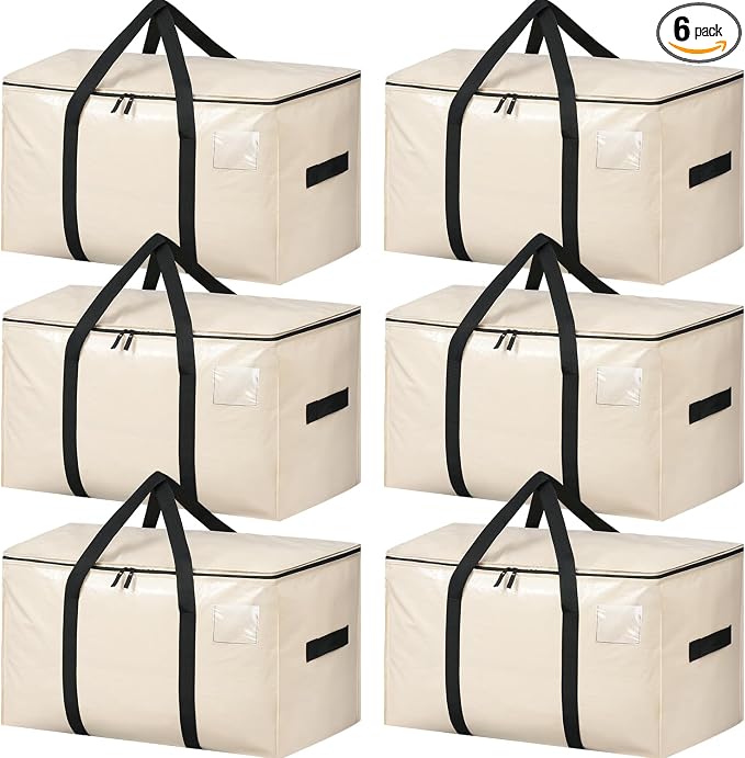 BAGAIL Heavy Duty Moving Bags with Strong Handle, Extra Large Moving Boxes, Storage Tote for Clothes, College Moving Supplies(Beige, 6 Pack) by BAGAIL