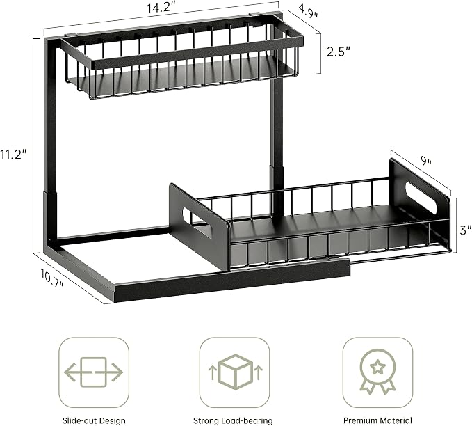 Under Sink Organizer and Storage, Slide Out Cabinet Organizer, Pull Out Sink Shelf for Kitchen Bathroom Laundry, 2 Pack Black - Image 2