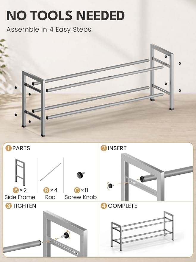 Bumusty 2 Tier Expandable Shoe Rack for Closet, Light Grey | 18"-33" Adjustable Shoe Rack for Entryway, Small Shoe Organizer for Dorm, Front Door, Sturdy Metal - Image 8