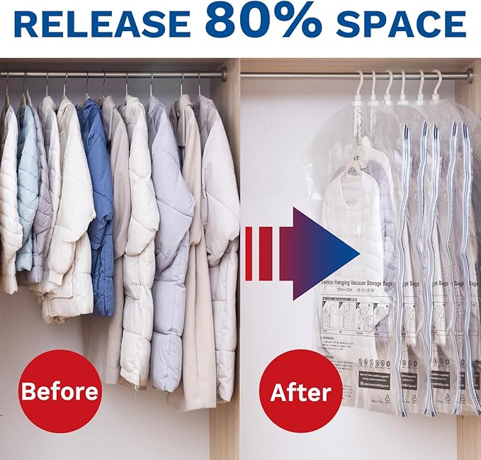Hanging Vacuum Storage Bags, Space Saver for Clothing, 6 Long with Pump | Vacuum Seal Bags for Clothing with Electric Pump, Hanging Garment Storage for Jackets, Suit, Dresses, Winter Closet Organizer - Image 2