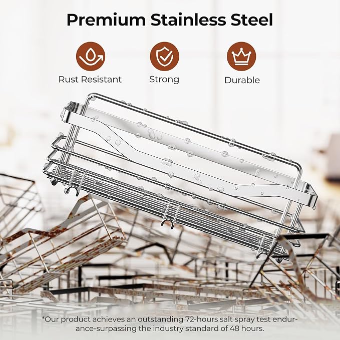 Orimade Shower Caddy Basket Shelf Storage Rack Pack of 2, No Drilling Wall Mounted Adhesive Rust Resistant Stainless Steel Shower Organizer with 5 Hooks for Bathroom, Toilet, Kitchen - Image 8