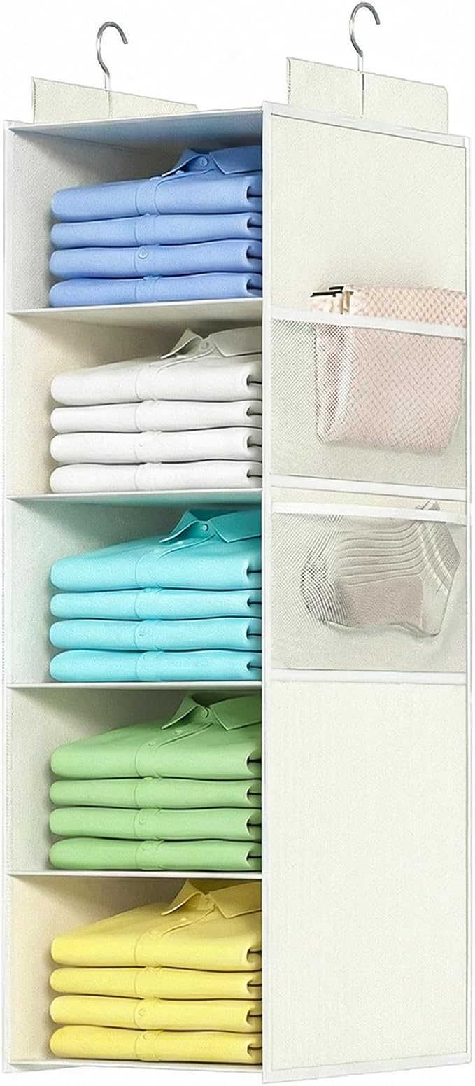 ALLTIDYUP Extra Deep Hanging Closet Organizers and Storage, 5-Tier Closet Hanging Organizer with 4 Mesh Pockets, Heavy-Duty Closet Shelves for Clothes and Hats, Ideal for Dorms and RVs, 1-Pack, White by ALLTIDYUP
